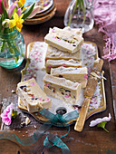 Easter white chocolate fudge with candies and pistachios