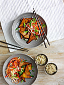 Glasierter Tofu mit Reis und Gemüse (Asien)
