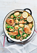 Chicken pan with potatoes and peas
