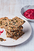 Chia Flax Crackers with Beetroot Dip
