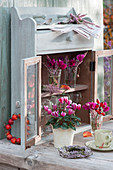 Cyclamen in a pot and small bouquets and wreaths with Calluna vulgaris and rose hips