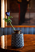 Blue anemone in structured vase on wooden table
