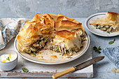 Filo tart with mushroom, leek, spinach and rocket, feta and ricotta cheese, yogurt with olive oil and mint in a small ball