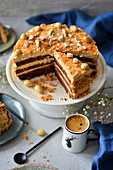 Chocolate cake with mass with caramel and nuts