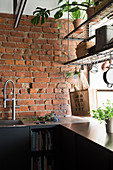 Suspended shelves in front of window in kitchen with black cabinets and brick wall