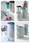 Making pen holders by covering tin cans with paper