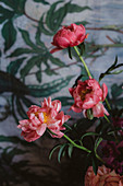 Rosa blühende Pfingstrosen vor Wandtapete mit Blättermotiven