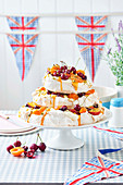 Cherry, apricot, peach and pistachio meringue stack