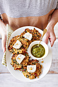 Kale and quinoa patties with goat's cheese and pesto