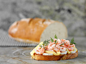 Italian country bread topped with egg, shrimp and mayonnaise