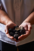 Cook demonstrating handful of black truffles