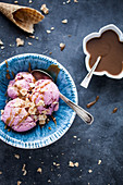 Lingonberry ice cream with salted caramel