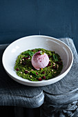 Scoop of purple ice cream on green mousse decorated with nuts and fresh mint
