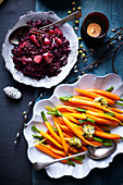 Braised red cabbage, Buttered baby carrots