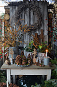 Christmas decoration with larch branches, a wreath of birch, pinecones, Christmas roses, and wooden trees on a table in the garden