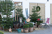 Rural Christmas terrace with Nordmann firs, box trees, fire basket, wooden stars, lantern and seating area