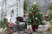Christmas terrace with decorated Nordmann fir as a Christmas tree, wicker armchairs with fur as seat