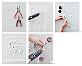 instructions for making wire heart decorated with festive air-dried clay figurines