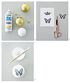 Instructions for decorating Christmas baubles with black-and-white decoupage motifs