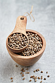 Hemp seeds in a wooden bowl and a wooden scoop
