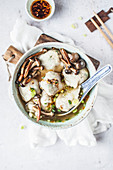 Wonton soup - Vegan vegetable and mushroom broth, wonton dumplings with vegan stuffing and shimeji mushrooms