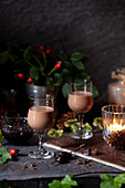 Chocolate liqueur served in liqueur glasses