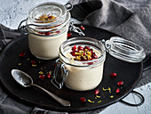 Cashew nut and lemon mousse with pomegranate seeds