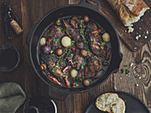 Coq au vin made in a Dutch oven