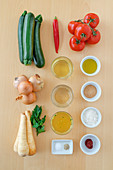 Ingredients for courgette and lentil bolognese with pasta