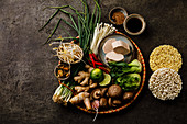 Chinese Asian foods Ingredients for cooking on dark background