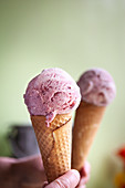 Berry yoghurt ice cream in a cone