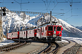 Switzerland, Engadin, Pontresina: railway station ALP Gruem, Bernina Express, Train, Rhaetische Bahn, UNESCO world heritage