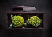 Two fresh Romanescos in a wooden box on a dark surface