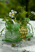 Flowers of wild strawberry in tiny crystal vases in transparent bags