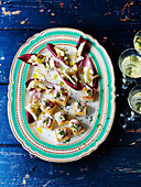 Party food with chicory, feta, prawns, pear and mayonnaise