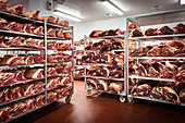 Raw meat on shelves in a slaughter house