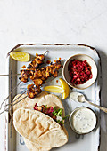 Saffron lamb shish with caramelised red onions