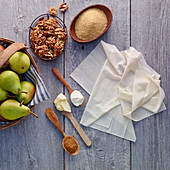 Ingredients for pear tart with filo pastry