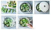 Steamed green vegetables being made