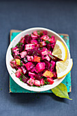 Vegan beetroot salad with apples and pickles