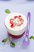 White chocolate mousse with strawberry puree (vegan)