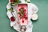 Pink ice cream with raspberries and red currants on green background