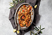 Pasta with ostions, shrimps and squids