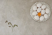 Weisse Eier auf Keramikteller mit Gräserblüten
