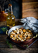 Croutons in a pan