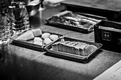 Pieces of fish for making sushi (black-and-white shot)