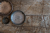 Vintage Bowls on Rustic Wood Background