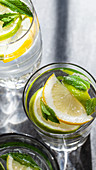 Various water glasses filled with lemons, limes, mint and ginger