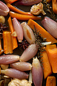 Braised vegetables with herbs and spices (close-up, full frame)