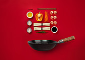 Ingredients for cooking noodles in wok pan